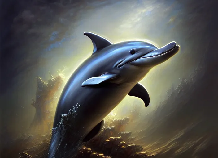 Image similar to wideangle!! portrait shot of a dolphin wearing swat armor, intricate, elegant, highly detailed, centered, digital painting, artstation, concept art, smooth, sharp focus, illustration, artgerm, tomasz alen kopera, peter mohrbacher, donato giancola, joseph christian leyendecker, wlop, boris vallejo