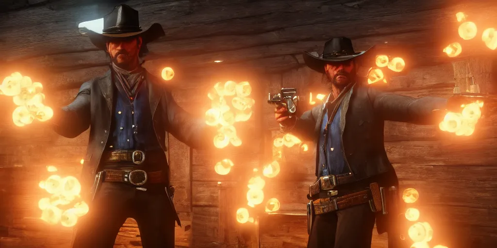 Image similar to a futuristic cowboy holding a glowing revolver to his enemies in a wild western bar, red dead redemption 2, trending on artstation, digital art, award winning, cinematic lightning, ray tracing, 8k, Highly Detailed