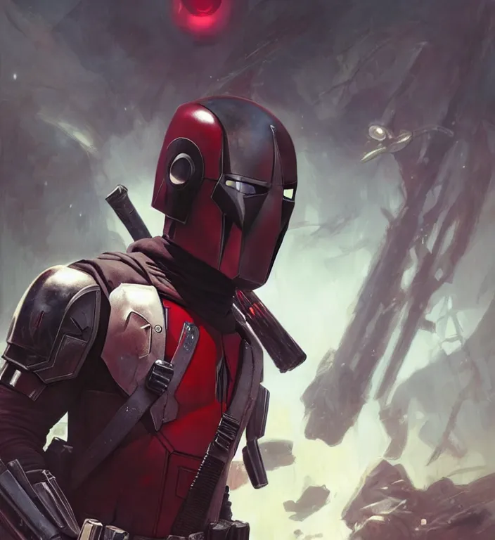 Image similar to mandalorian deadpool, futuristic, dramatic light, soft, sharp focus, concept art by greg rutkowski and artgerm and mucha