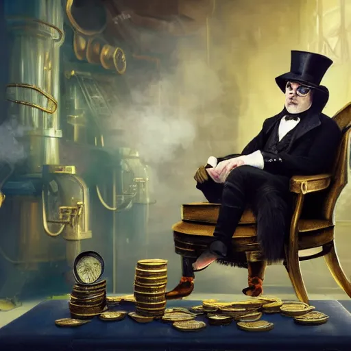 Image similar to oil painting of grumpy rich steampunk penguin, sitting in fancy chair, wearing top hat, looking at gold coin, steampunk factory background, sharp focus, fantasy style, octane render, volumetric lighting, 8k high definition, by greg rutkowski, highly detailed, trending on art Station, magic the gathering artwork, centered