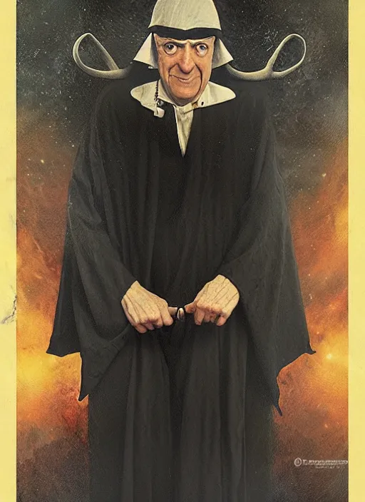 Image similar to moe howard as aleister crowley the grand mage of thelema. art by tom bagshaw and greg danton and manuel sanjulian