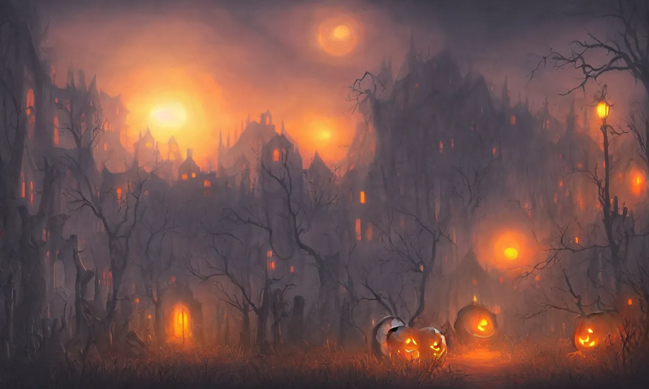 Prompt: halloween cemetery night, trending on artstation, 30mm, by Noah Bradley