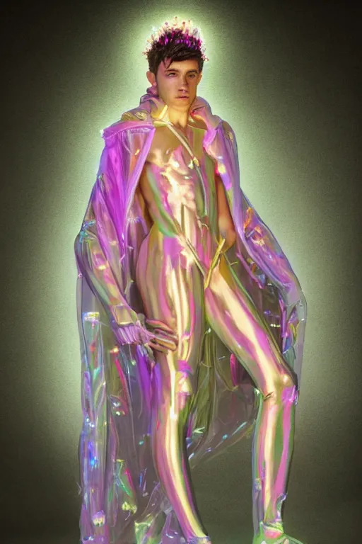 Image similar to full-body rococo and cyberpunk delicate neon crystalline sculpture of (((muscular slender Nick Jonas))) as an iridescent humanoid deity wearing a thin see-through ((plastic hooded cloak)) sim roupa (holding a human skull), reclining con (las piernas abiertas), glowing pink face, crown of (((white lasers))), large diamonds, swirling black silk fabric. futuristic elements. oozing glowing liquid, full-length view. space robots. intricate artwork by caravaggio. Trending on artstation, octane render, cinematic lighting from the right, hyper realism, octane render, 8k, depth of field, 3D