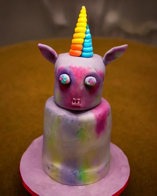 Prompt: photo of a childrens birthday cake scary unicorn designed by beksinski, bokeh