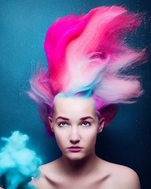 Prompt: a dramatic lighting photo of a beautiful young woman with cotton candy hair. paint splashes with a little bit of cyan and pink