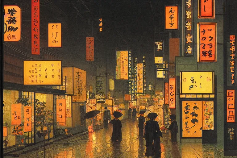 Image similar to painting of the streets of tokyo, at night, lanterns, neon, raining, romantic, by ludwig deutsch and maxfield parrish, patterned tilework, extremely detailed, cinematic lighting, smooth sharp focus