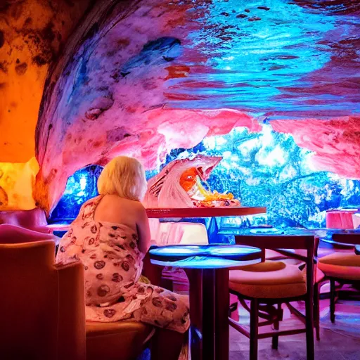 Image similar to cinematic photo of a beautiful albino koi fish woman lit with saturated split colour blue and dusty pink lighting serving pizza in a grotto restaurant