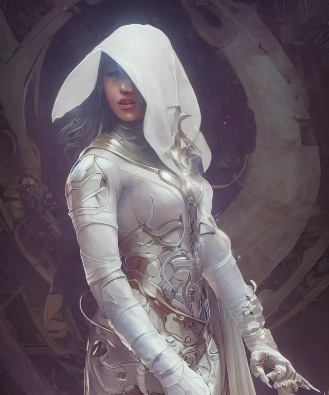 Image similar to female moon knight, hyper detailed, digital art, trending in artstation, cinematic lighting, studio quality, smooth render, unreal engine 5 rendered, octane rendered, art style by alphonse mucha and greg rutkowski and ian sprigger and nixeu