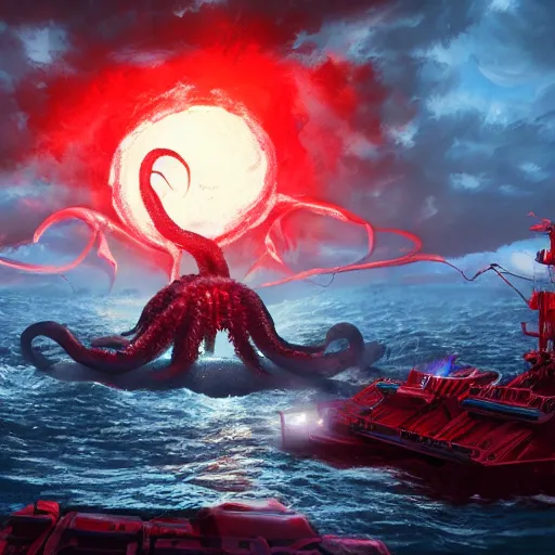 Image similar to a giant kraken with glowing red eyes eating a battle ship, 4k, artstation, digital art