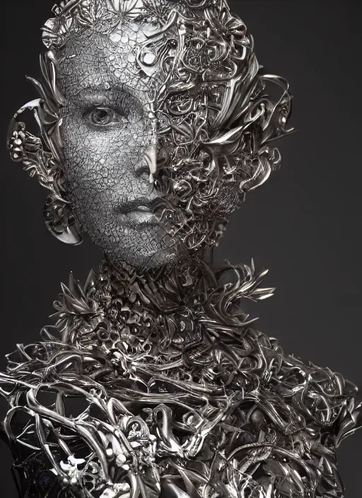 Image similar to sculpture made of metal, portrait, female, future, wood, tree, harper's bazaar, vogue, magazine, insanely detailed and intricate, concept art, close up, ornate, luxury, elite, elegant, trending on artstation, by ruan jia, by Kenneth Willardt, by ross tran, by WLOP, by Andrei Riabovitchev,