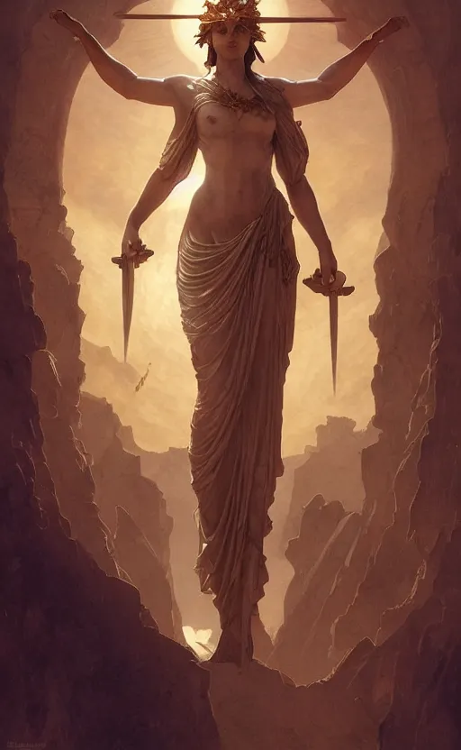 Image similar to solarpunk four armed statue of the goddess of the sun helios descending from olympus, artstation, concept art, smooth, sharp focus, illustration, art by artgerm and greg rutkowski and alphonse mucha and william adolphe bouguereau and john william waterhouse and gianlorenzo bernini