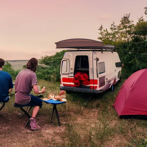 Prompt: 4 campers having breakfast between a lavvoo and a suburban, 4k