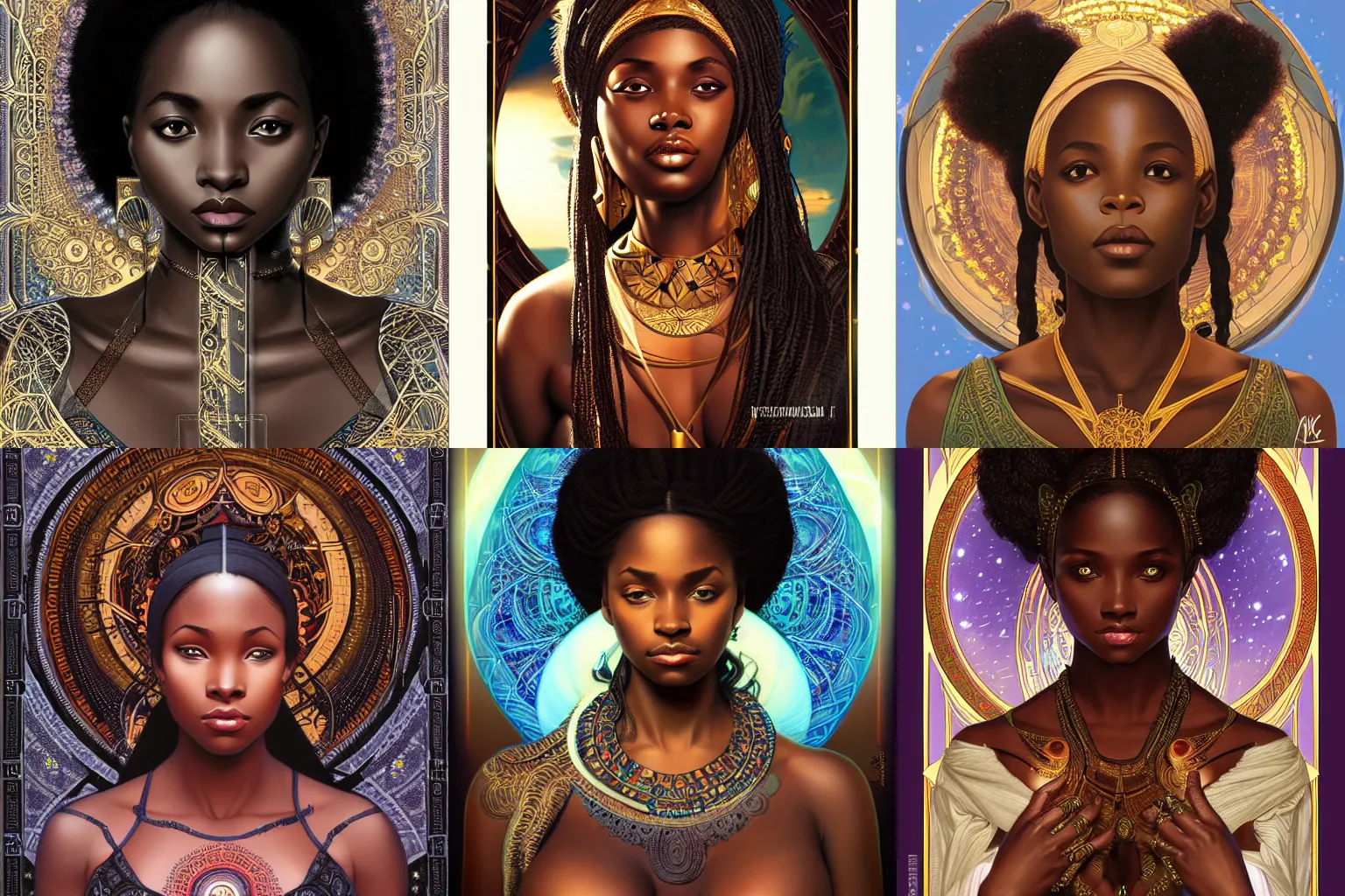 Prompt: black african princess, cosmic, heavenly, symmetric, highly detailed, concept art, intricate, sharp focus, illustration, alexandros pyromallis, bouguereau, rutkowski, artgerm, alphonse mucha