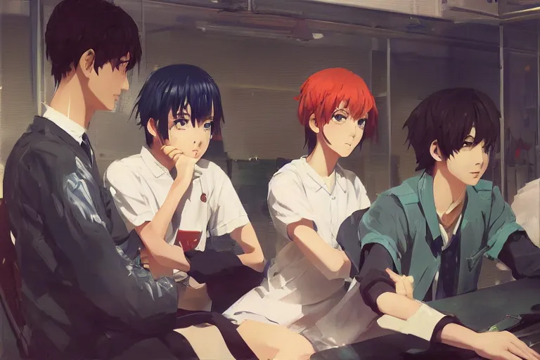 Prompt: boy's love anime high school classroom scene spring setting, expert high detail concept art, perfect proportions fine - face, realistic shaded lighting poster ilya kuvshinov, katsuhiro, jeremy lipkin and michael germash, makoto shinkai, loish and clamp style, trending on art station, best selling artist