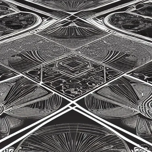 Image similar to art nouveau floor pattern, geometric, interlocking, solar system, scifi inspired, foundation, thin lines, black and white by paul chadeisson, greg rutkowski