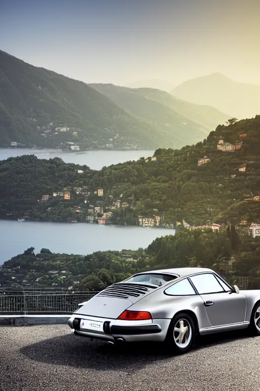 Prompt: Photo of a silver Porsche 911 Carrera 3.2 parked on a dock with Lake Como in the background, wide shot, rear view, daylight, dramatic lighting, award winning, highly detailed, 1980s, luxury lifestyle, fine art print, best selling.