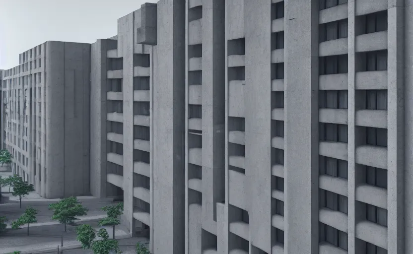 Image similar to brutalist architecture building, apartment complex, octane render, cgsociety, highly detailded, volumetric lighting