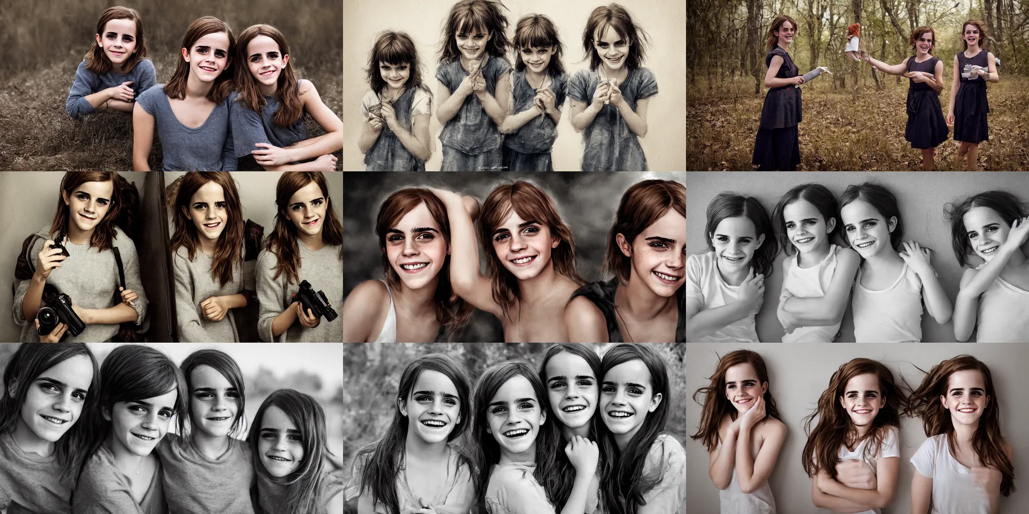 Prompt: portrait emma watson identical twins smiling greg rutkowski james gurney canon fujifilm sony alpha nikon