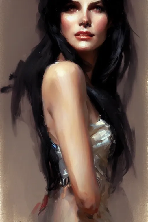 Prompt: pretty woman, flowing black hair, painting by daniel gerhartz, alphonse murac, detailed art, artstation