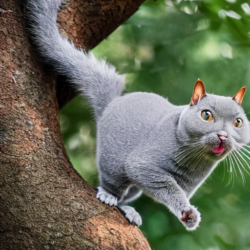 Image similar to A British Shorthair cat chasing a squirrel in a tree, realistic, close up, 8k, ultra high detail.