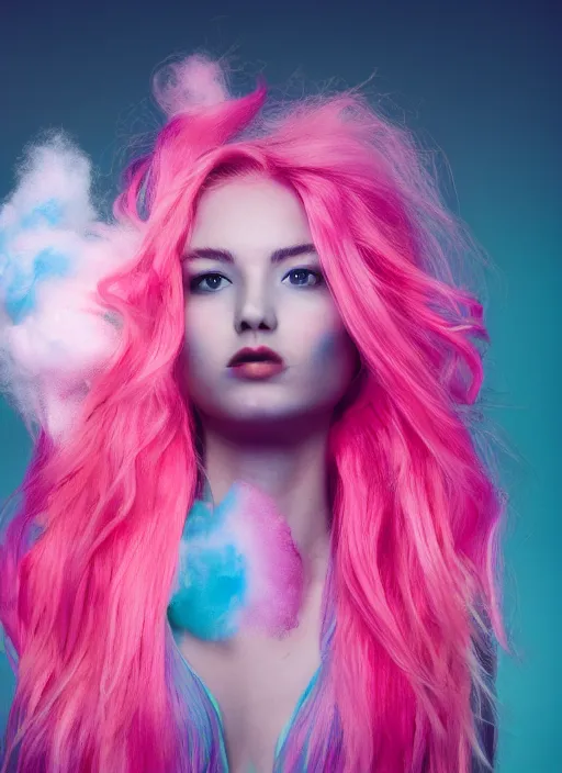 Image similar to a dramatic lighting photo of a beautiful young woman with cotton candy hair. blood splashes with a little bit of cyan and pink