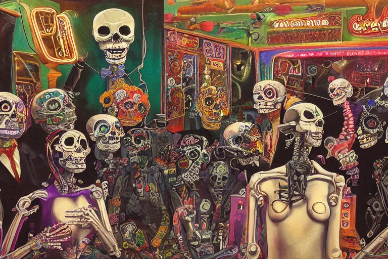 Image similar to scene from amusement arcade, day of the dead, cyber skeletons, queen in black silk in the center, neon painting by otto dix