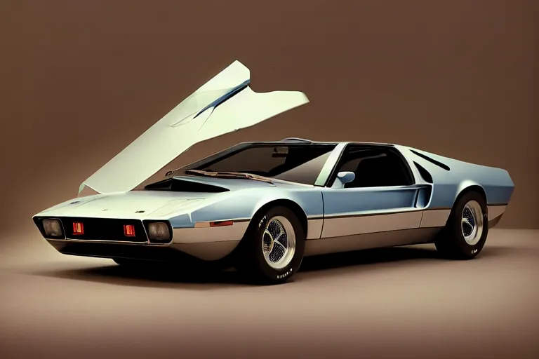 Image similar to designed by john delorean stylized poser of a single 1 9 6 9 fastback mustang ( mk 2 ford gt 4 0 ) delorean, large led lights, ektachrome photograph, volumetric lighting, f 8 aperture, cinematic eastman 5 3 8 4 film