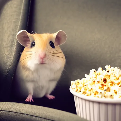 Prompt: photo of two hamsters, bucket of popcorn next to them on a cinema seat, various poses, unedited, dim light, sharp focus, 8 k