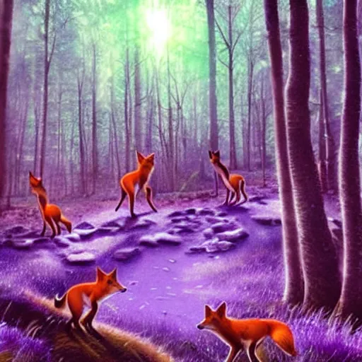 Image similar to an enchanting forest, foxes stand on their hind legs, look at the sky and wave goodbye with their forelegs. there is a purple unidentified flying object in the sky. fantasy. realistic photo. very clear shots.