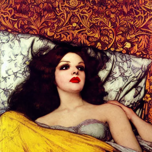 Prompt: reclining on bed, hybrid of judy garland and nicki minaj, aged 2 5, brown fringe, huge downslanted eds eyes, large full lips, wide shot, yellow ochre ornate medieval dress, john william waterhouse, kilian eng, rosetti, john everett millais, william holman hunt, william morris, 4 k