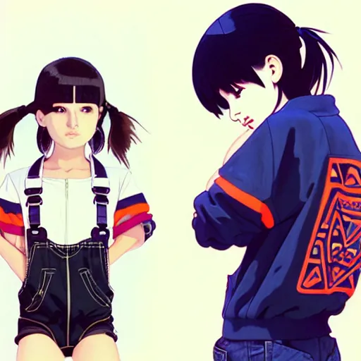 Image similar to a beautiful boyish natalie portman gravure model, wearing oversized mayan bomber jacket and leotard with overalls, bulky poofy bomber jacket with mesoamerican patterns, mesoamerican street fashion, gapmoe yandere grimdark, trending on pixiv fanbox, painted by greg rutkowski makoto shinkai takashi takeuchi studio ghibli, akihiko yoshida