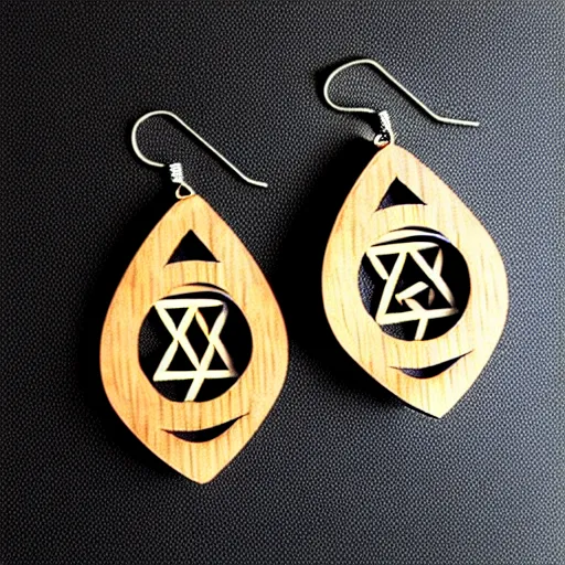 Image similar to 2 d wood lasercut earrings, mystical symbols, 8 k, hd, trending on amazon on artstation, trending on deviantart, trending on etsy, epic digital art