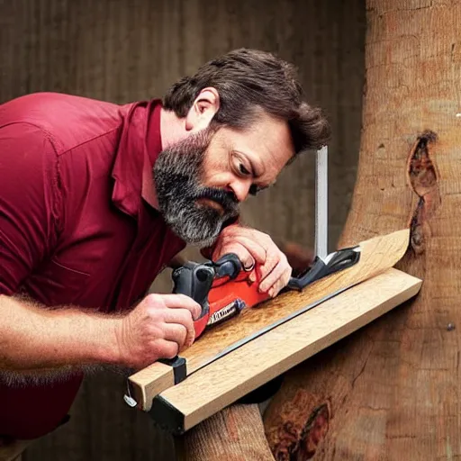 Image similar to nick offerman using a bacon saw to cut through oak, photography, highly detailed, sharp