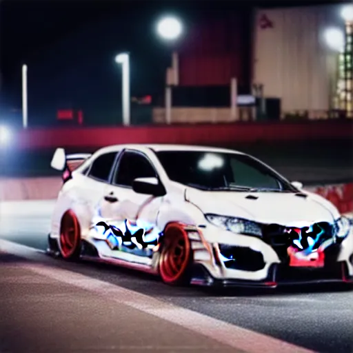 Prompt: honda civic type-r drift at illegal car meet, shibuya prefecture, midnight mist streetlights, color grade, photorealistic, highly detailed wheels, highly detailed