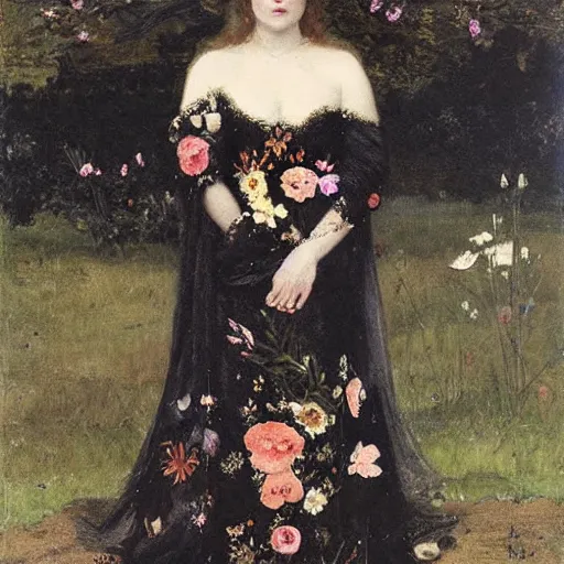 Image similar to persephone as goddess of death, flower dress, by alfred stevens