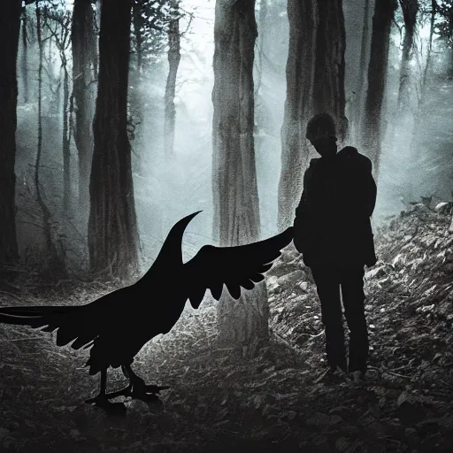 Image similar to !! werecreature consisting of a crow and a human, photograph captured in a dark forest