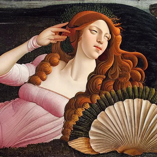 Image similar to an ultradetailed mythological oil painting of a beautiful woman with long brown hair, full body, wearing pink floral chiton, lying on a giant scallop shell, near the seashore, intricate lines, elegant, renaissance style, by sandro botticelli