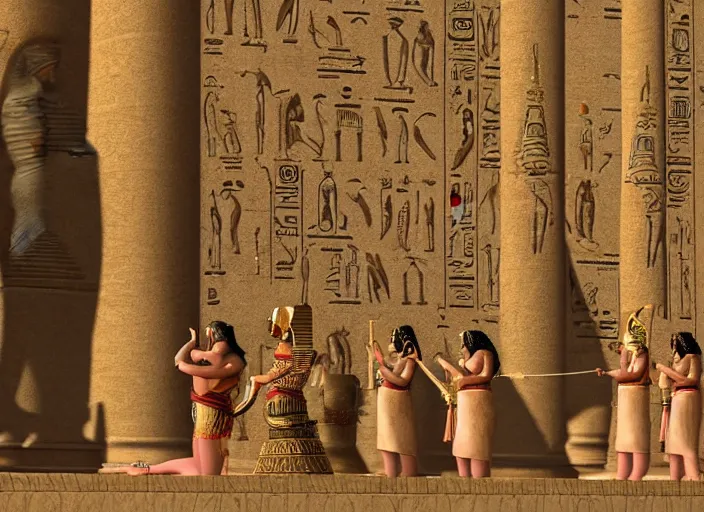 Prompt: Queen Cleopatra raises her hand to greet the crowds of the Egyptian people in front of her in a great pharaonic ceremony. In the background are sober Pharaonic temples with delicate inscriptions, and in the background the girls playing the golden harp, V-Ray, 8K, HD, fine details octane render