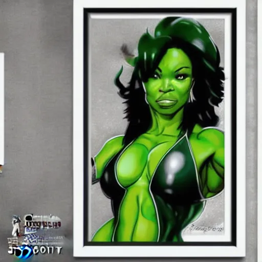 Image similar to Actress Gabrielle Union as She-Hulk, intricate, poster framed, pinup style, highly detailed, artstation, illustration, Gene Espy, Peter Temple, George Sportelli, Mitch Foust, Mike Hoffman, Garrett Blair, Mark Brown, Alex Miranda, Michael Bair, Eric Parker, Gene Espy, Mitch Foust, Peter Temple, Eric Parker, David Miller, Alex Miranda, Jay Fife, Brendon Fraim, David Bancroft, Al Rio, Mark Brown, Brian Fraim , Joe Rubinstein, Josh Templeton, Quinton Hoover, Eric Parker, Jim Sandersv Kevin Conrad, Michael Bair, Bob Layton