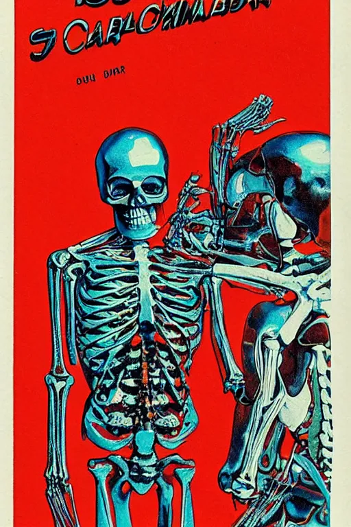 Image similar to 1970 book cover, cyborg skeleton, anaglyph,