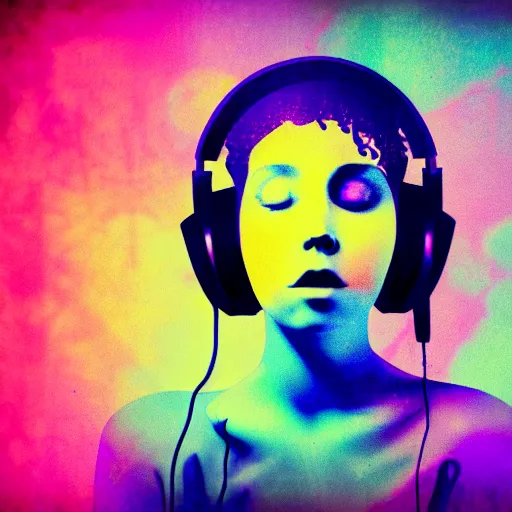 Prompt: crazy abstract full shot photo of a girl with curly hair in headphones sitting near the lake of musical notes, bleach bypass, depth, by James Jean
