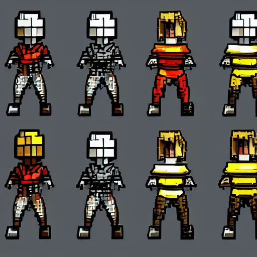 Prompt: Sprite sheet for a character that looks like a knight, 8-bit style, wearing armor, HDR, 4k, 8k