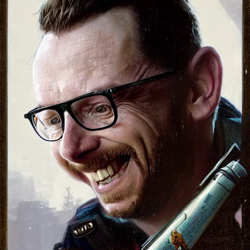 Prompt: portrait painting of simon pegg smiling with a winchester, ultra realistic, concept art, intricate details, eerie, highly detailed, photorealistic, octane render, 8 k, unreal engine. art by artgerm and greg rutkowski and alphonse mucha