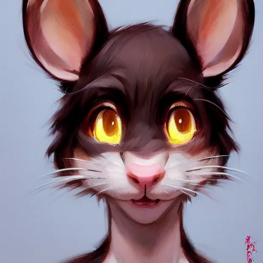 Prompt: character design head and shoulders shot portrait of an anthropomorphic furry rat girl with rat ears, eyelids half closed, slight smile, looking up, viewed from below, sharp detailed painting, concept art, by wlop, ilya kuvshinov, artgerm, krenz cushart, rutkowski, trending on pixiv.