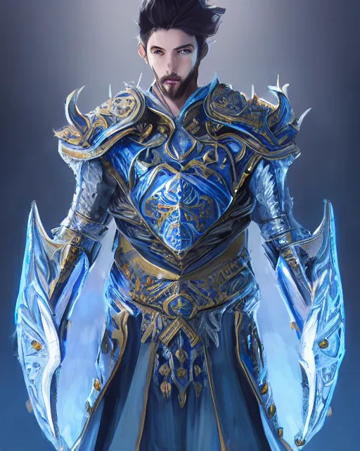 Prompt: concept art, full body portrait of king sorcerers, ornate, blue and silver, armor, robes, hyperrealistic, 4 k, unreal engine, highly detailed, dramatic lighting, beautiful, atmospheric lighting, visible face, by makoto shinkai, stanley artgerm lau, wlop, rossdraws