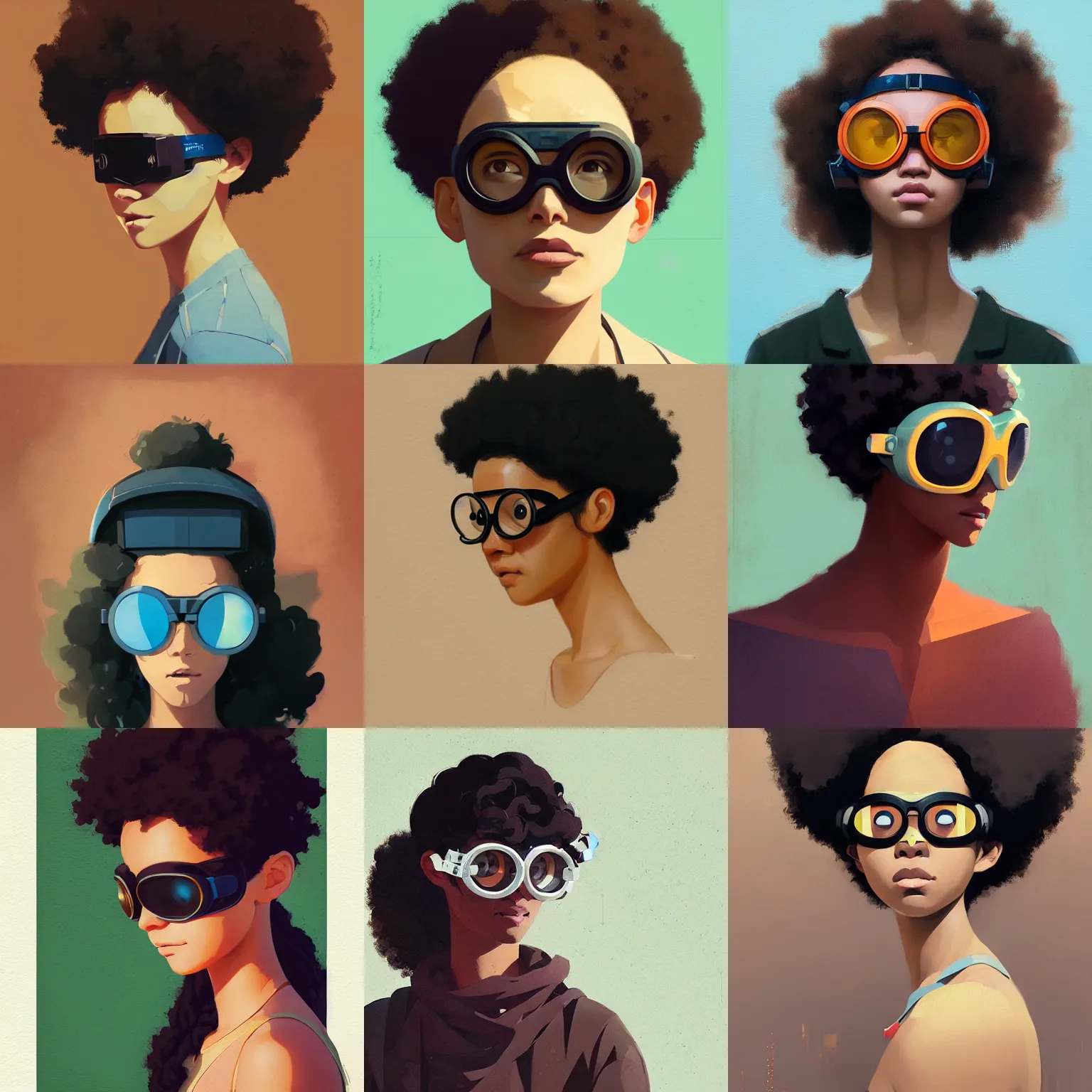 Image similar to Beautiful woman wearing goggles profile picture by Greg Rutkowski, brown skin, afro hair, asymmetrical, studio ghibli, Organic Painting , Matte Painting, geometric shapes, hard edges, street art, trending on the artstation, realistic by Sachin Teng,