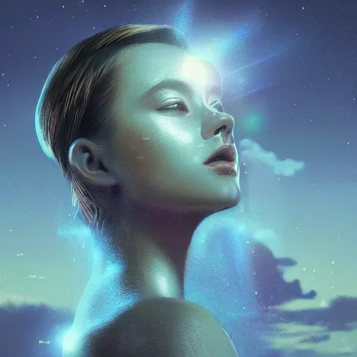 Prompt: sci - fi, close - up, 3 d, moon rays, night, thoughtful fashion model face, cinematic, clouds, sun rays, vogue cover style, poster art, blue mood, realistic painting, intricate oil painting, high detail illustration, figurative art, multiple exposure, poster art, 3 d, by tooth wu and wlop and beeple and greg rutkowski