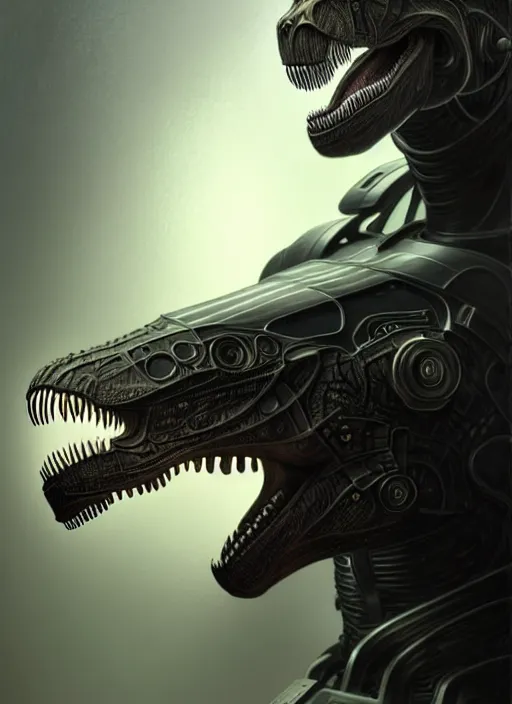 Image similar to male cyborg anthromorphic t - rex in a cybersuit, diffuse lighting, fantasy, intricate, elegant, highly detailed, lifelike, photorealistic, digital painting, artstation, illustration, concept art, smooth, sharp focus, art by john collier and albert aublet and krenz cushart and artem demura and alphonse mucha