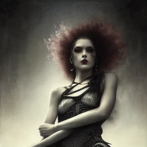 Image similar to By Tom Bagshaw, ultra realist soft painting portrait of curiosities carnival by night, very beautiful single outlaw star fully dressed fading, symmetry accurate features, very intricate details, ominous sky, black and white, volumetric light clouds