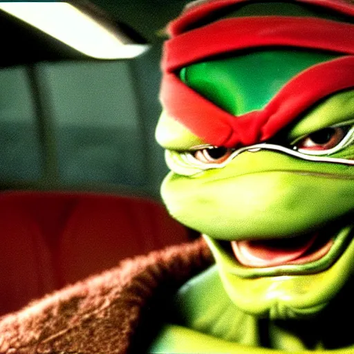 Image similar to film still of michelangelo ( tmnt ) failing his drivers test